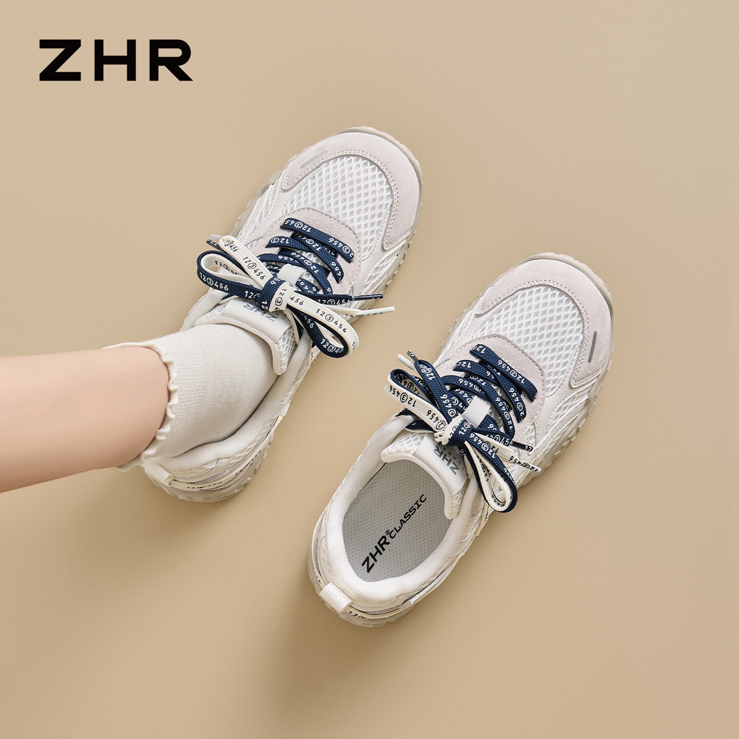 ZHR则则网面德训鞋女2026夏新款轻便透气小白鞋软底不累脚老爹鞋主图