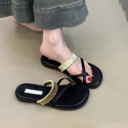 羊皮版~平底交叉带套趾凉拖鞋外穿度假风沙滩法式简约一字拖鞋女
