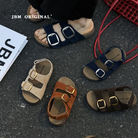 JBM 2026夏季新款儿童软底勃肯凉鞋男女童真皮双搭扣带休闲鞋百搭
