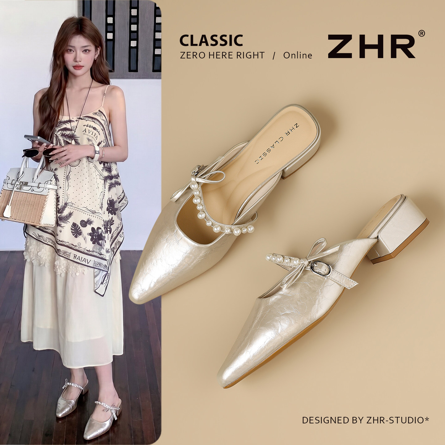 ZHR尖头单鞋珍珠一字带半拖鞋女主图