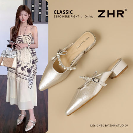 ZHR尖头单鞋珍珠一字带半拖鞋女