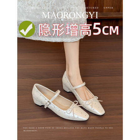 毛容易~内增高5CM方头铆钉蝴蝶结玛丽珍女鞋坡跟软底一字带单鞋子