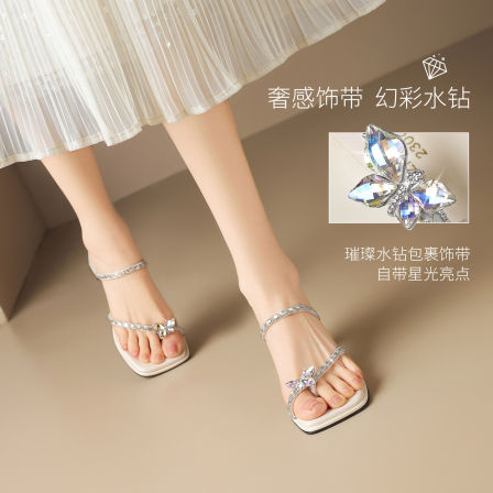 法式配裙子粗跟凉拖鞋