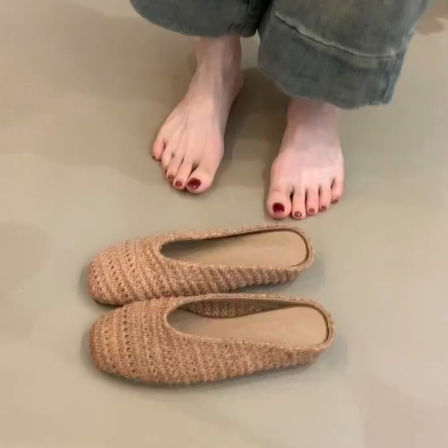 羊皮版~小众复古度假风编织包头鞋女内增高休闲透气简约穆勒鞋夏