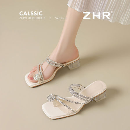 ZHR则则水钻凉拖鞋鞋女2026新款夏外穿绝美粗跟露趾配裙子两穿凉鞋