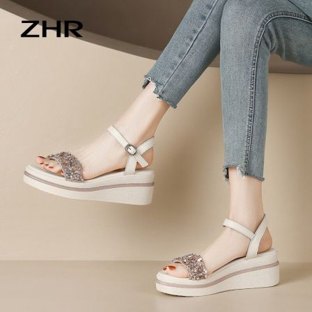 ZHR则则楔型凉鞋女2026新款夏季外穿厚底增高不累脚水钻罗马凉鞋