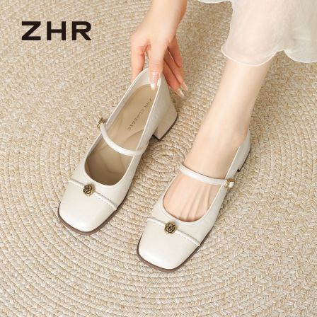 ZHR粗跟浅口单鞋女厚底玛丽珍鞋