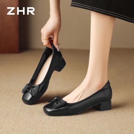 ZHR则则真皮浅口单鞋女2026夏新款蝴蝶结粗跟不累脚一脚蹬妈妈鞋