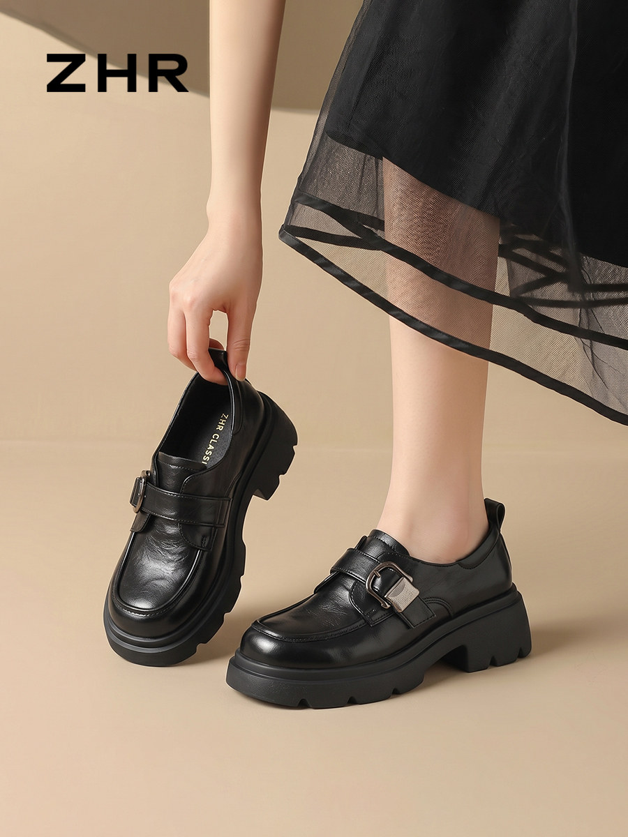 ZHR一脚蹬乐福鞋黑色小皮鞋女主图