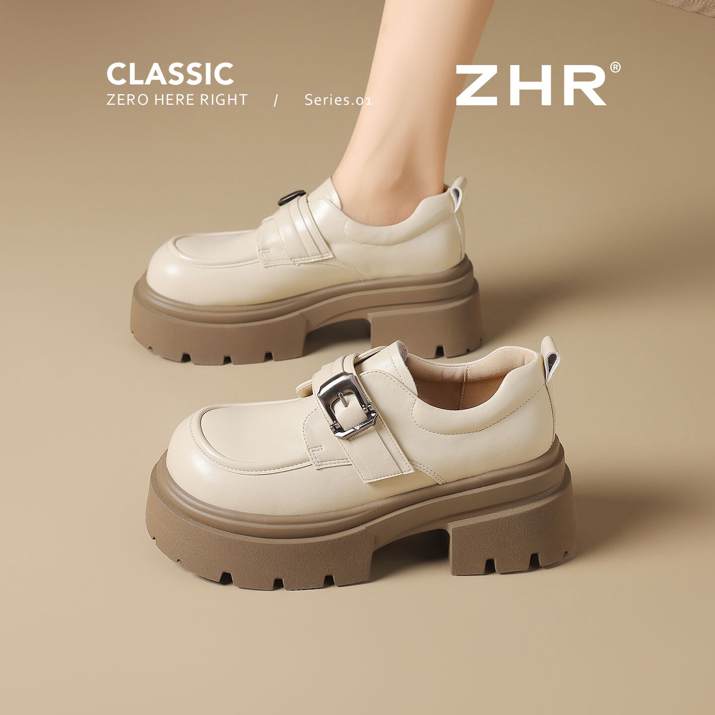 ZHR则则米色乐福鞋女2026夏秋新款英伦风一脚蹬小皮鞋厚底jk皮鞋主图
