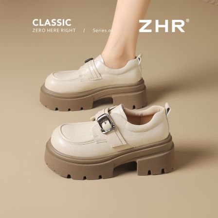 ZHR则则米色乐福鞋女2026夏秋新款英伦风一脚蹬小皮鞋厚底jk皮鞋