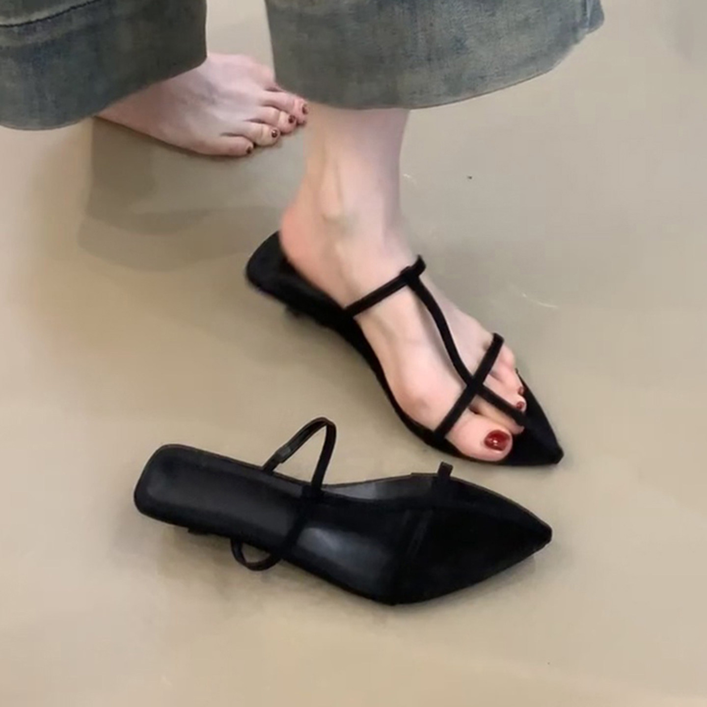 羊皮版~尖头法式极简风一字带细跟凉拖鞋外穿气质露趾罗马凉鞋女主图