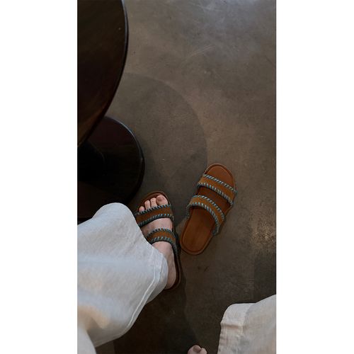 苏安家｜“波西米亚”真皮牛皮拼接 穿编工艺油画级色彩撞色度假凉拖主图