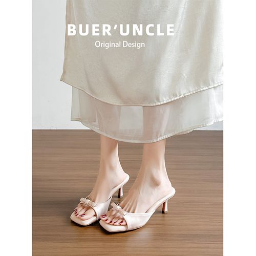 真皮版~三穿踩屎感凉拖鞋女外穿夏新款绝美露趾蝴蝶结高跟凉鞋主图