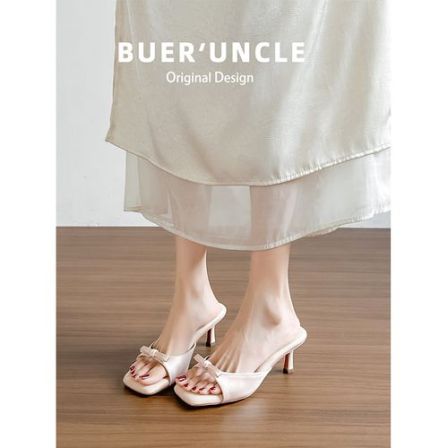 真皮版~三穿踩屎感凉拖鞋女外穿夏新款绝美露趾蝴蝶结高跟凉鞋