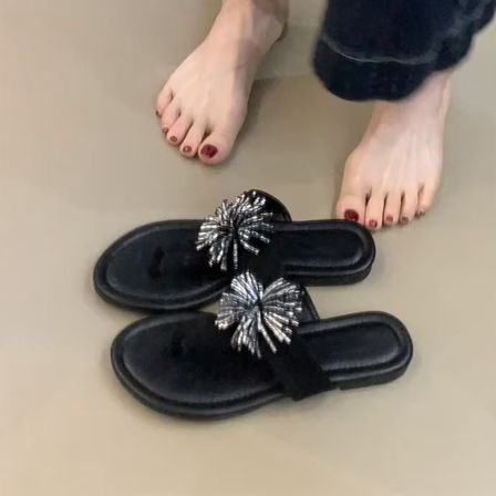 羊皮版~烟花水钻流苏平底人字拖女外穿法式度假风沙滩夹趾凉拖鞋