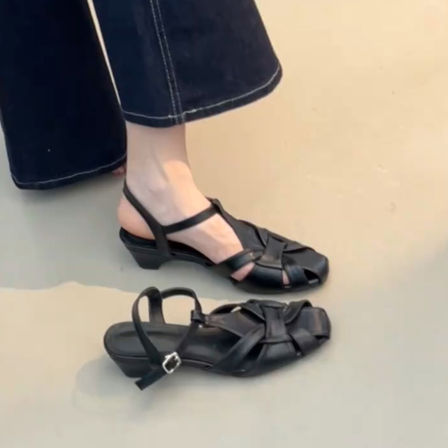 羊皮版~编织复古风显瘦黑色通勤穆勒鞋女一字带粗跟夏季透气凉鞋