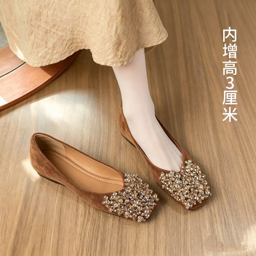 羊皮版~巨好看的婚鞋伴娘鞋秋季绝美一脚蹬气质水钻浅口平底单鞋主图