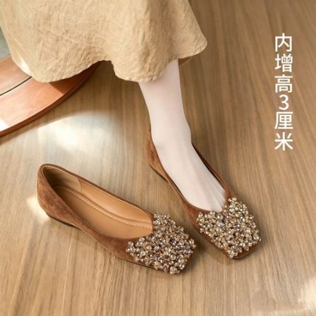 羊皮版~巨好看的婚鞋伴娘鞋秋季绝美一脚蹬气质水钻浅口平底单鞋