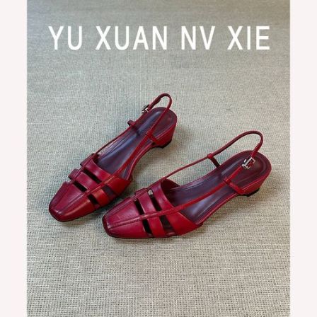 牛皮版~包头凉鞋女法式复古镂空方头夏季百搭时尚气质粗跟罗马鞋