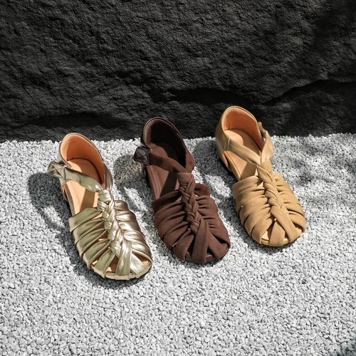 【Dhh】内增高4CM•牛皮+反绒•编织包头透气凉鞋女夏猪笼罗马凉鞋主图