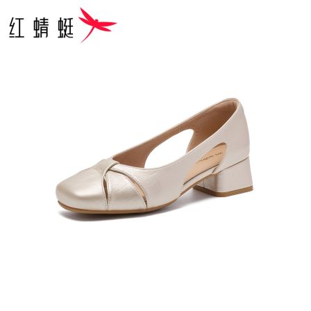【杨颖代言】红蜻蜓夏季新款法式粗跟舒适百搭女士镂空玛丽珍单鞋