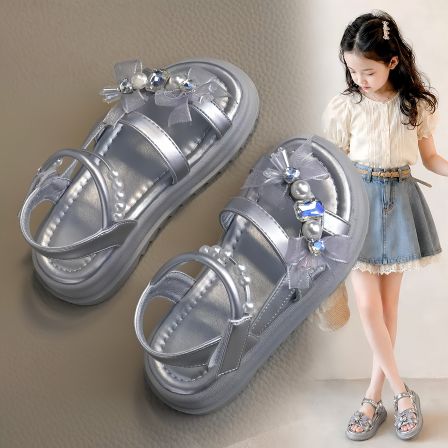 官网C&K女童凉鞋2026夏季新款儿童中大童女孩公主鞋银色软底防滑