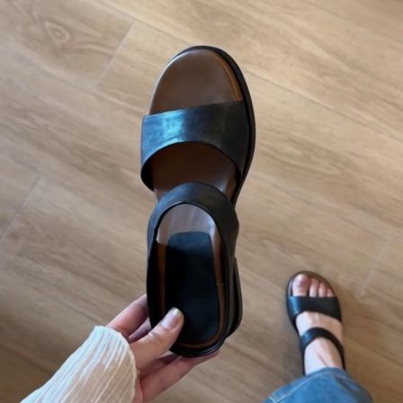 羊皮版~简约风一字带凉拖鞋女复古通勤百搭坡跟露趾外穿罗马拖鞋