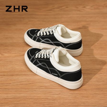 ZHR则则黑色平底帆布鞋女2026夏季新款复古系带板鞋潮流休闲鞋子