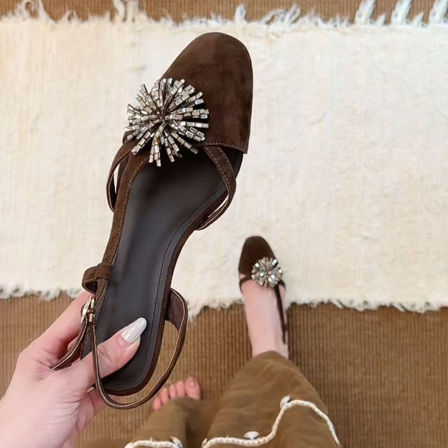 羊皮版~烟花水钻时尚舒适包头凉鞋女法式温柔风文艺复古时装凉鞋