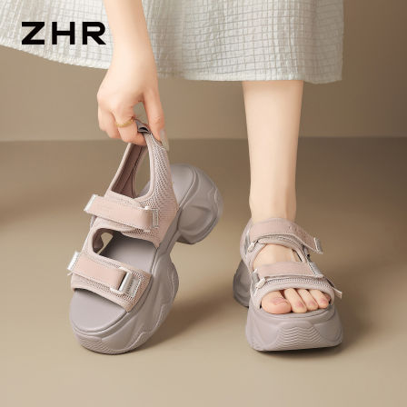 ZHR则则运动凉鞋女款2026新款夏季外穿小个子增高鞋魔术贴沙滩鞋