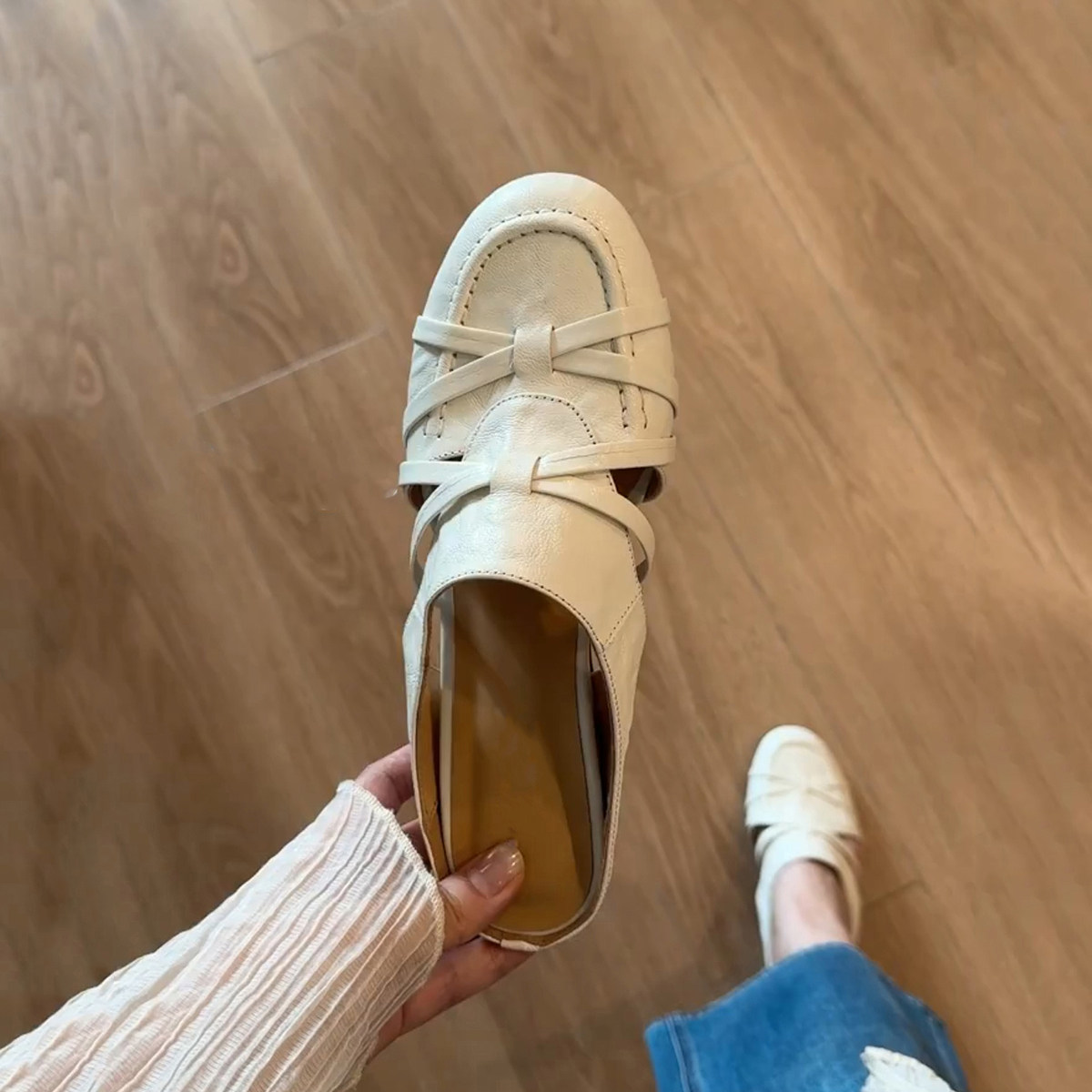 羊皮版~法式内增高编织真皮一脚蹬半拖鞋女温柔罗马风懒人包头鞋主图