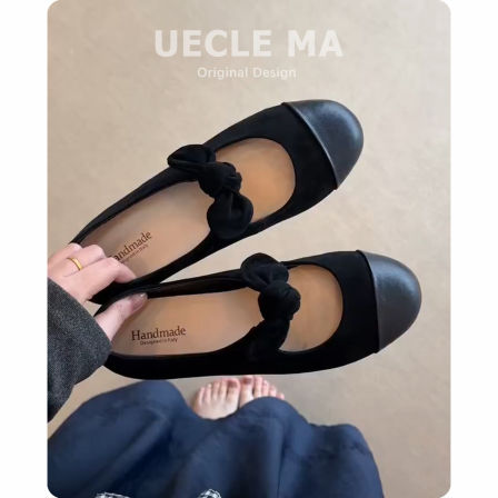 羊反绒~俏皮感蝴蝶结玛丽珍鞋女圆头拼接绝美巨好看法式平底单鞋
