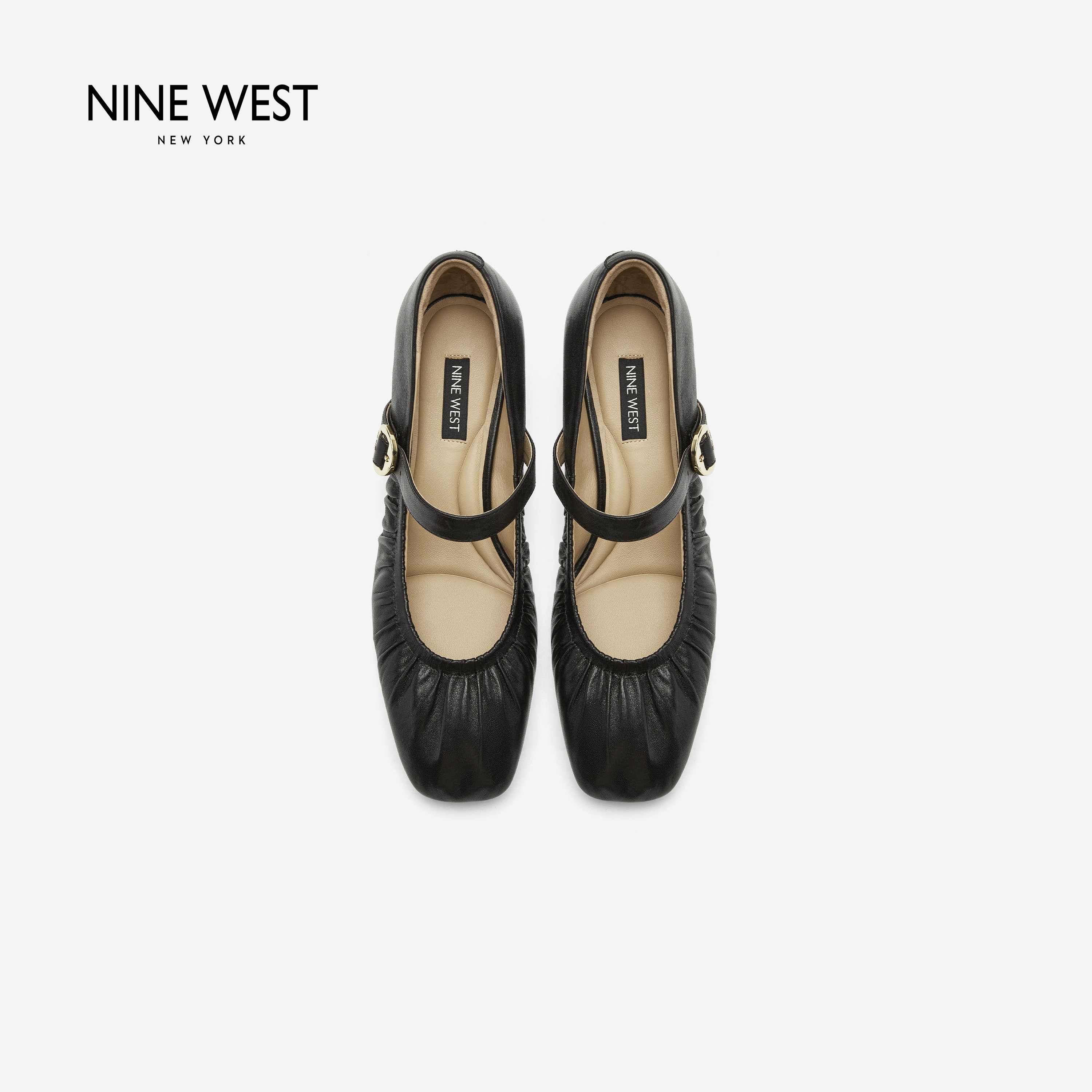 Nine West/玖熙法式复古方头玛丽珍鞋女2026秋新款黑色褶皱一字带主图