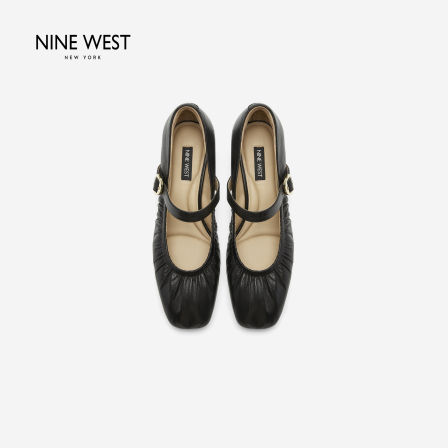 Nine West/玖熙法式复古方头玛丽珍鞋女2026秋新款黑色褶皱一字带