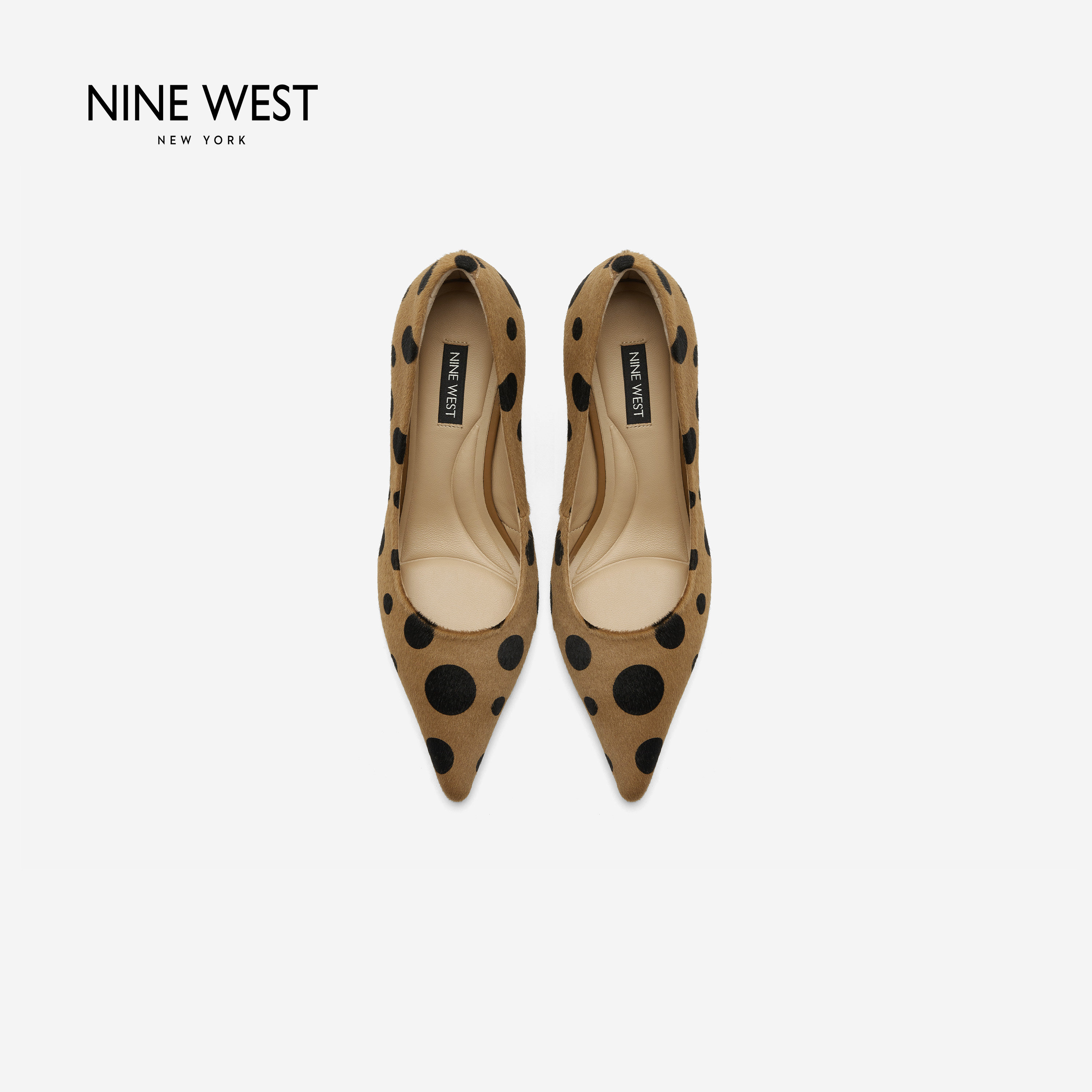 Nine West/玖熙波点高跟鞋女2026新款通勤细跟尖头真皮浅口单鞋主图