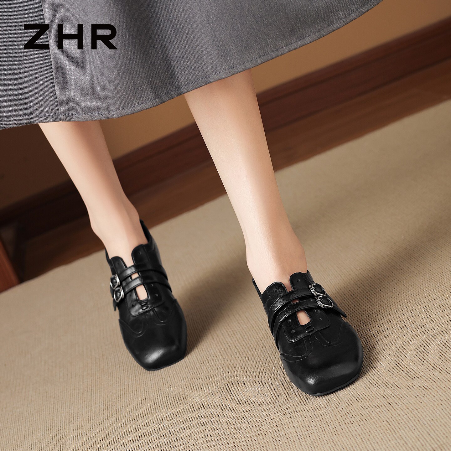 ZHR则则粗跟乐福鞋女2026秋季新款复古真皮单鞋英伦风百搭小皮鞋主图