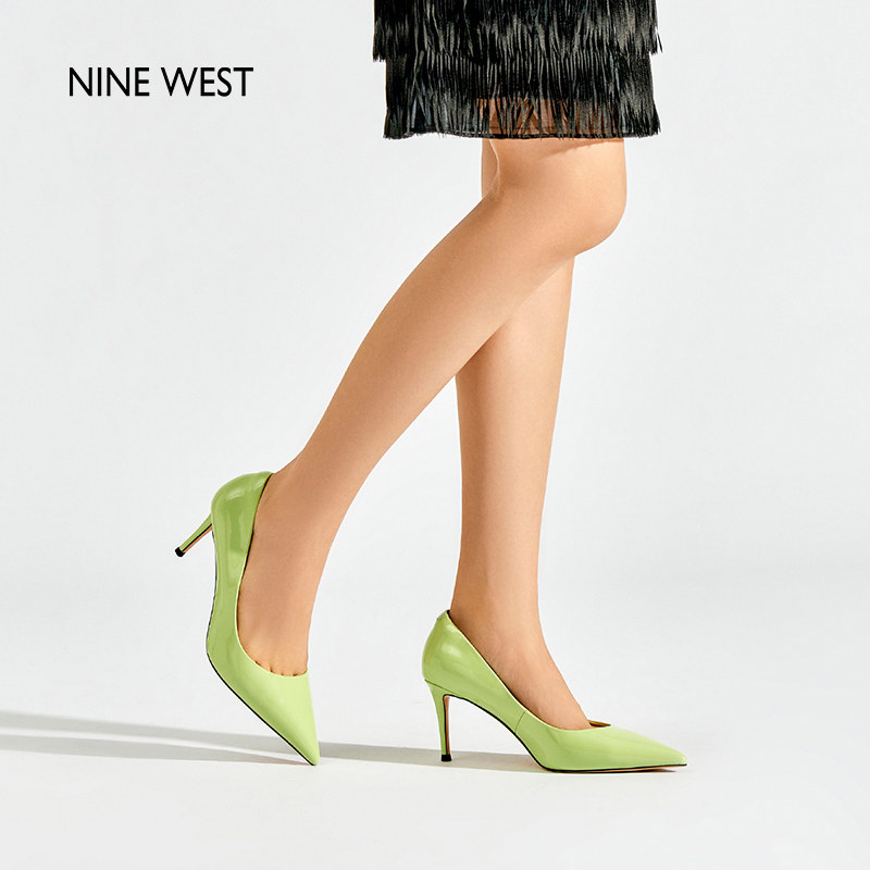 Nine West/玖熙绿色细高跟鞋气质夏季新款浅口尖头细跟漆皮女单鞋主图