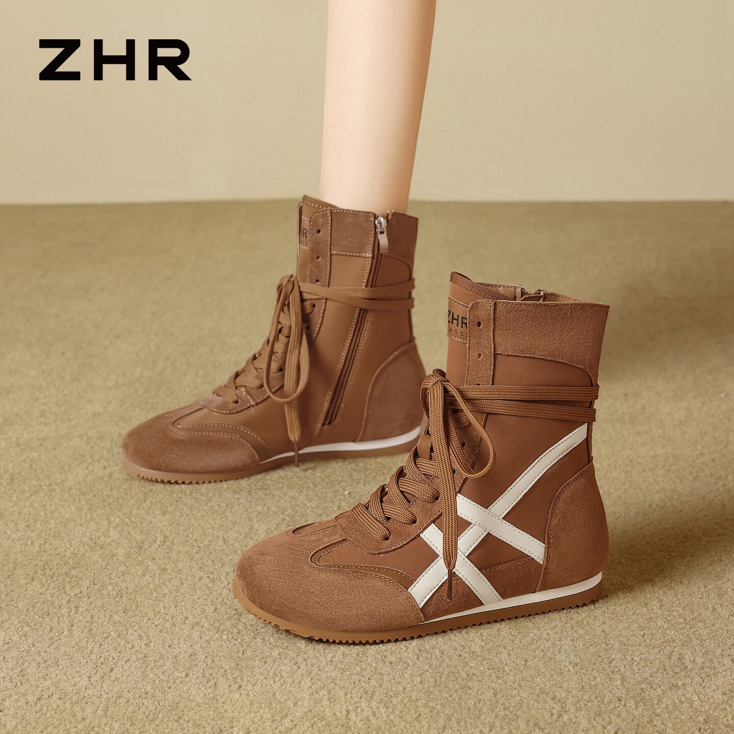 ZHR则则真皮短靴女2026新款秋季休闲拳击靴复古马丁靴增高德训鞋主图