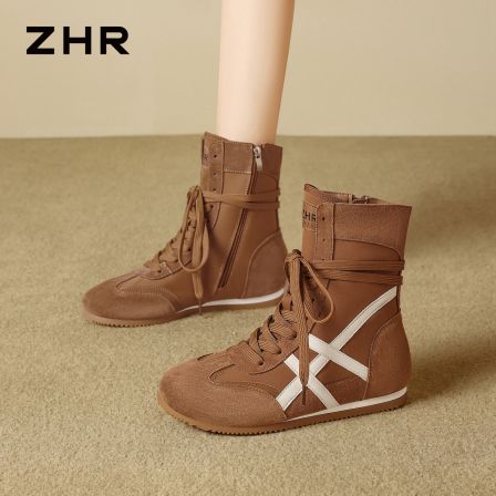 ZHR则则真皮短靴女2026新款秋季休闲拳击靴复古马丁靴增高德训鞋