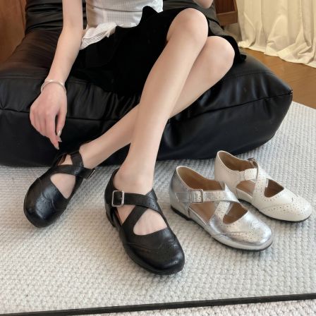 贾不假玛丽珍女鞋夏季2026新款交叉扣带镂空内增高布洛克浅口单鞋