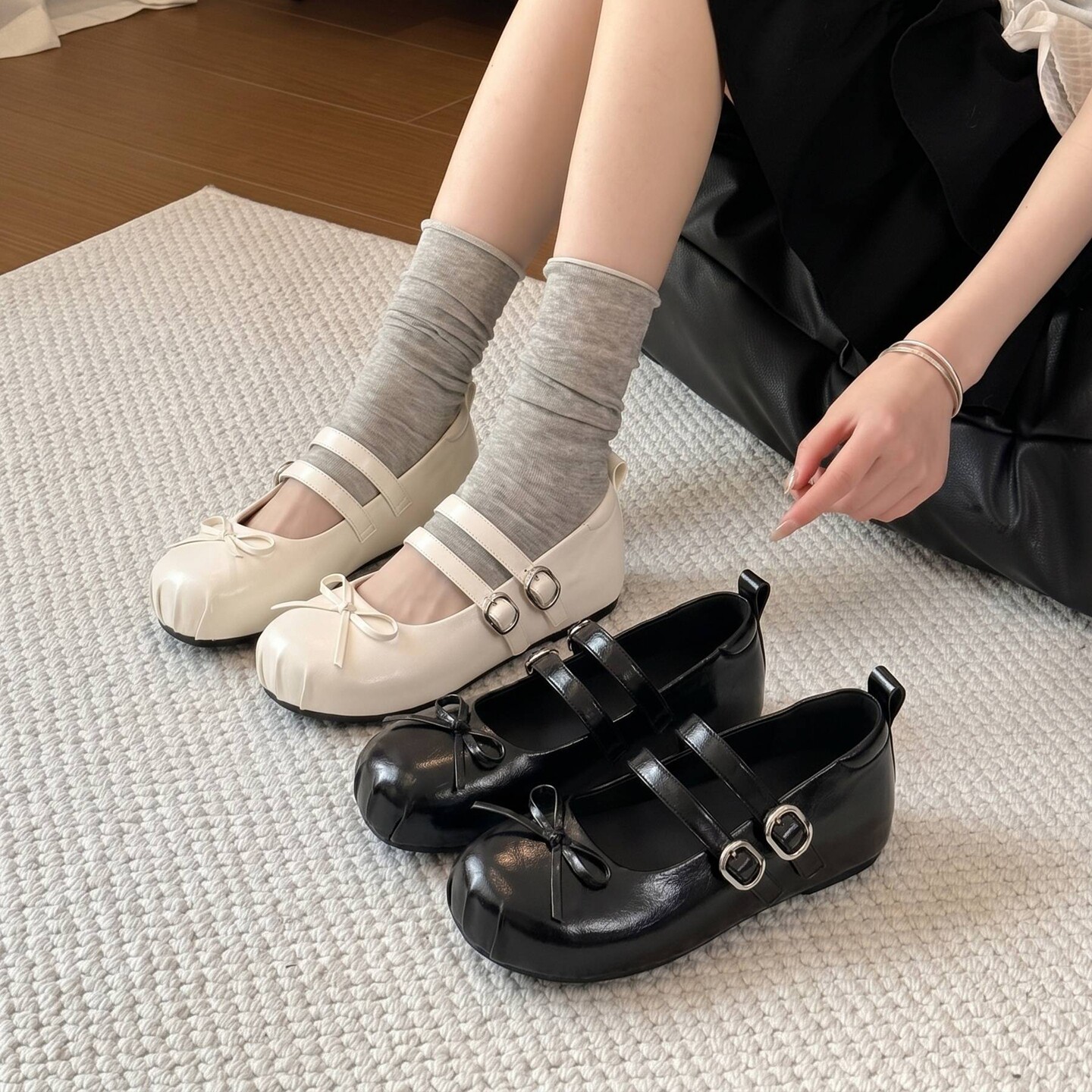 贾不假玛丽珍女鞋夏季2026新款简约蝴蝶结双扣带百搭内增高小皮鞋主图