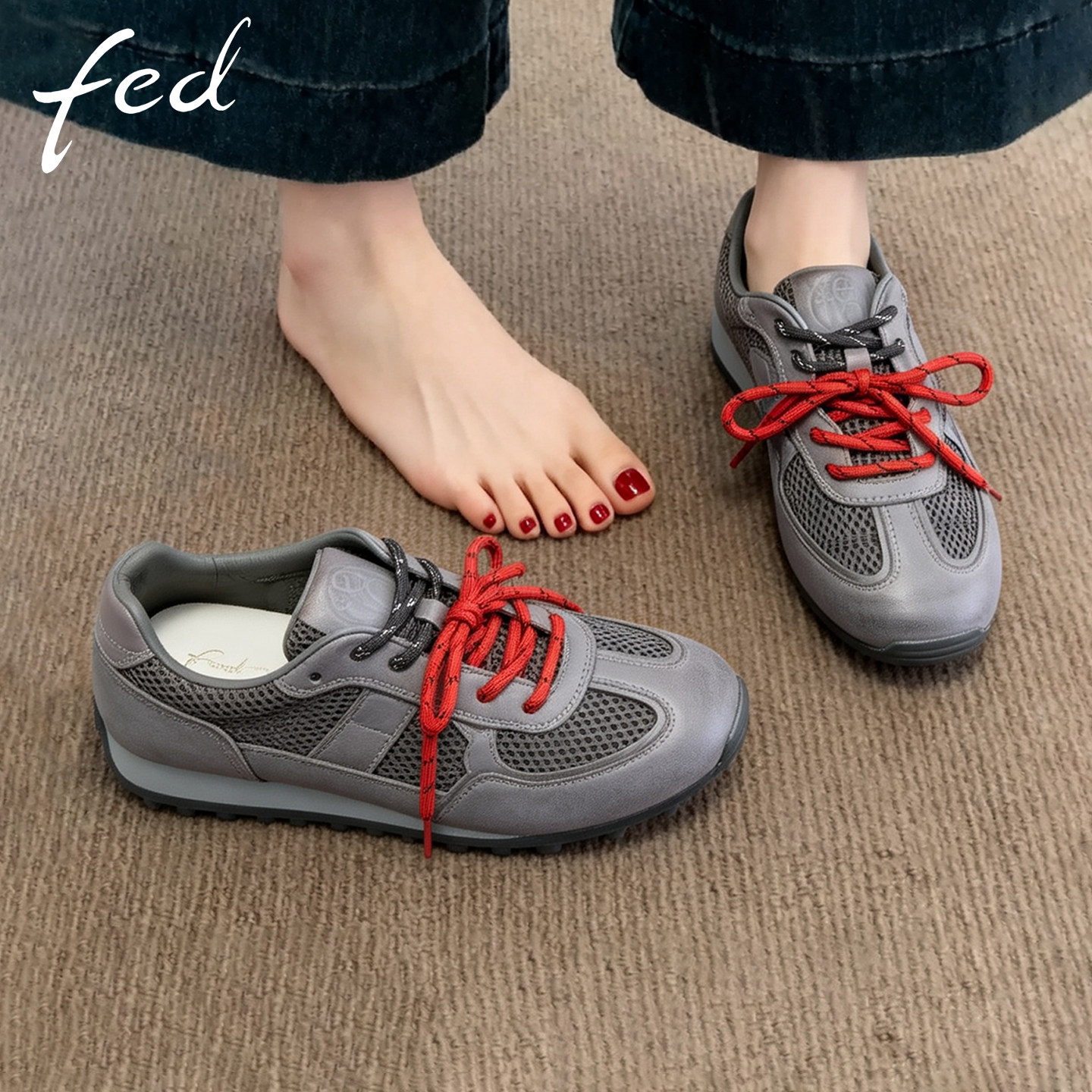 fed厚底德训鞋女秋季新款女鞋网面透气运动鞋软底休闲鞋墨序赤踪主图