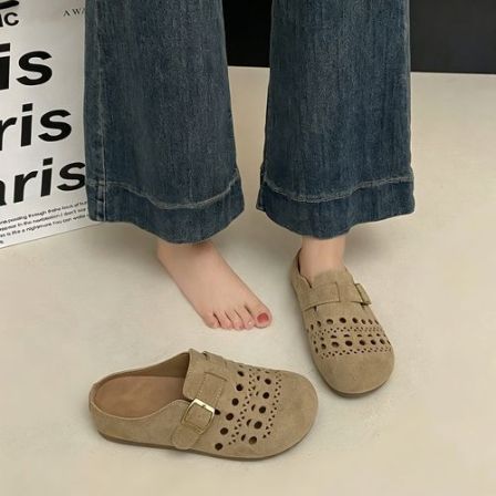牛皮镂空版勃肯鞋女2026新款夏季女外穿包头半拖鞋软底防滑洞洞鞋