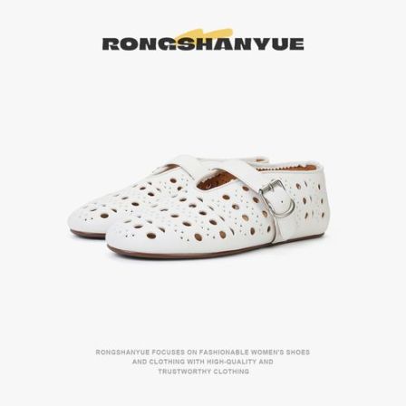 Rongshanyue环保牛皮玛丽珍镂空透气百搭浅口女洞洞单鞋凉鞋B1204