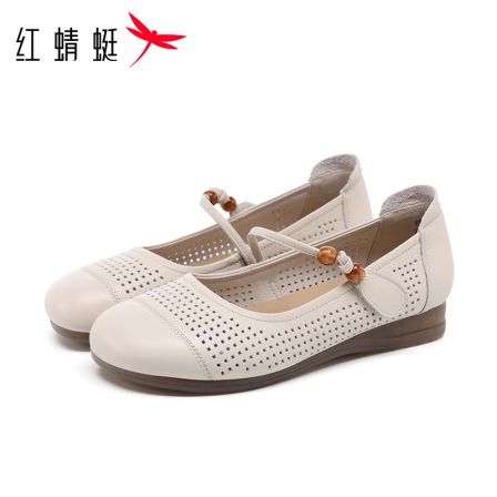 红蜻蜓女鞋夏季女软底防滑平底妈妈玛丽珍单鞋真皮镂空透气洞洞鞋