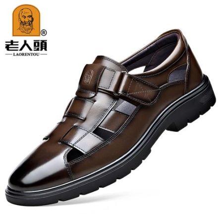 全牛皮老人头男士包头凉鞋真皮透气商务正装凉皮鞋镂空爸爸洞洞鞋