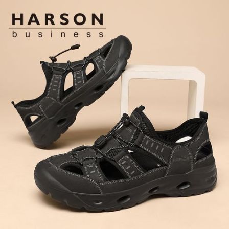 Harson/哈森【头层牛皮】休闲凉鞋夏季镂空沙滩鞋真皮透气洞洞鞋潮