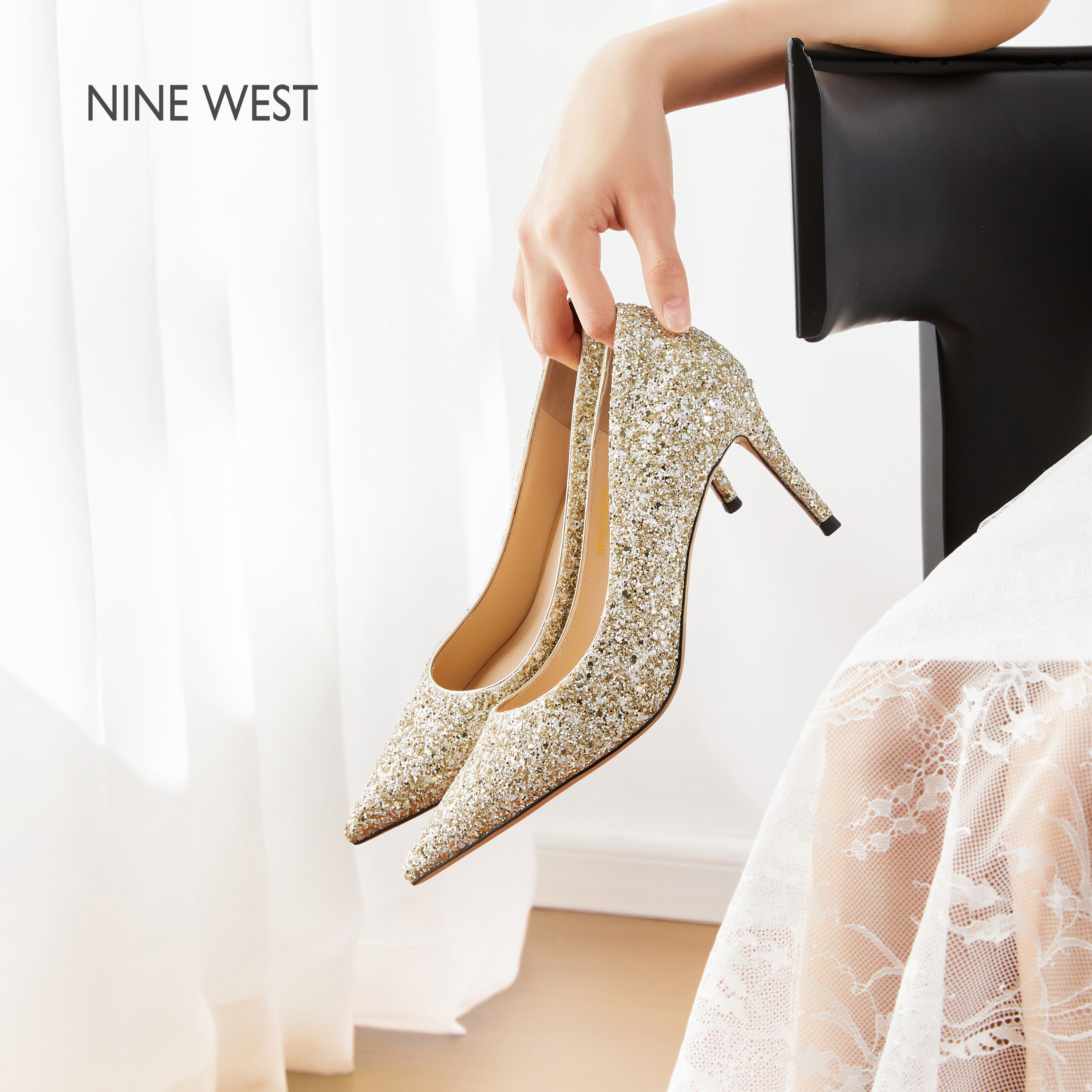 Nine West/玖熙浅口高跟鞋闪钻婚鞋女细跟尖头一脚蹬女士浅口单鞋主图