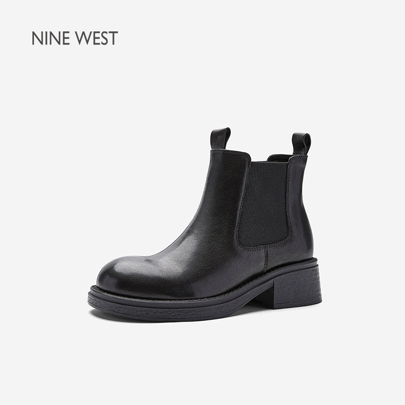 Nine West/玖熙真皮切尔西短靴女粗跟松紧弹力显腿长通勤百搭单靴主图